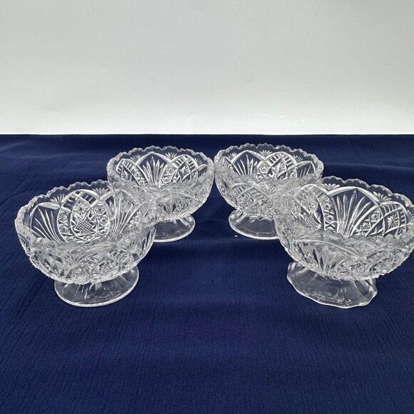 Vintage Clear Cut Glass EAPG Sherbert Dessert Berry Bowls (4) Arrowhead Sawtooth - Picture 4 of 11